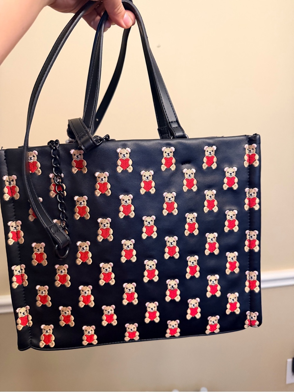 Women's Black Tote Bag with Teddy Embroidery